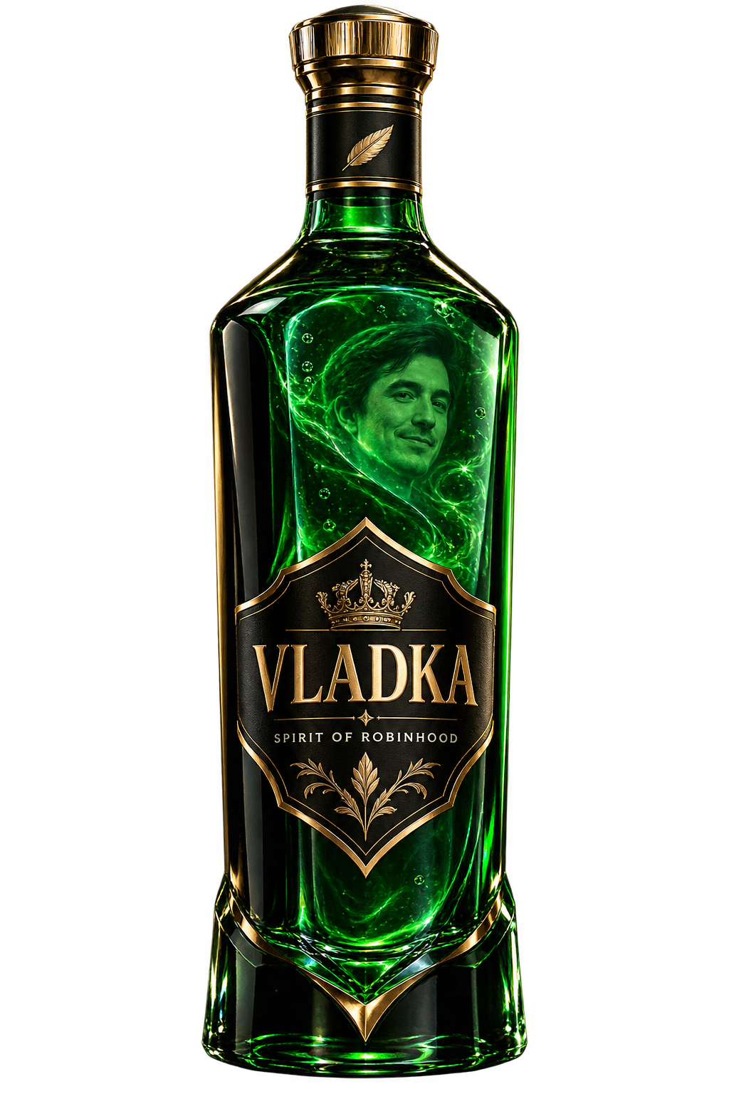 Black and gold VLADKA bottle filled with glowing green liquid and a hidden Vlad-like face